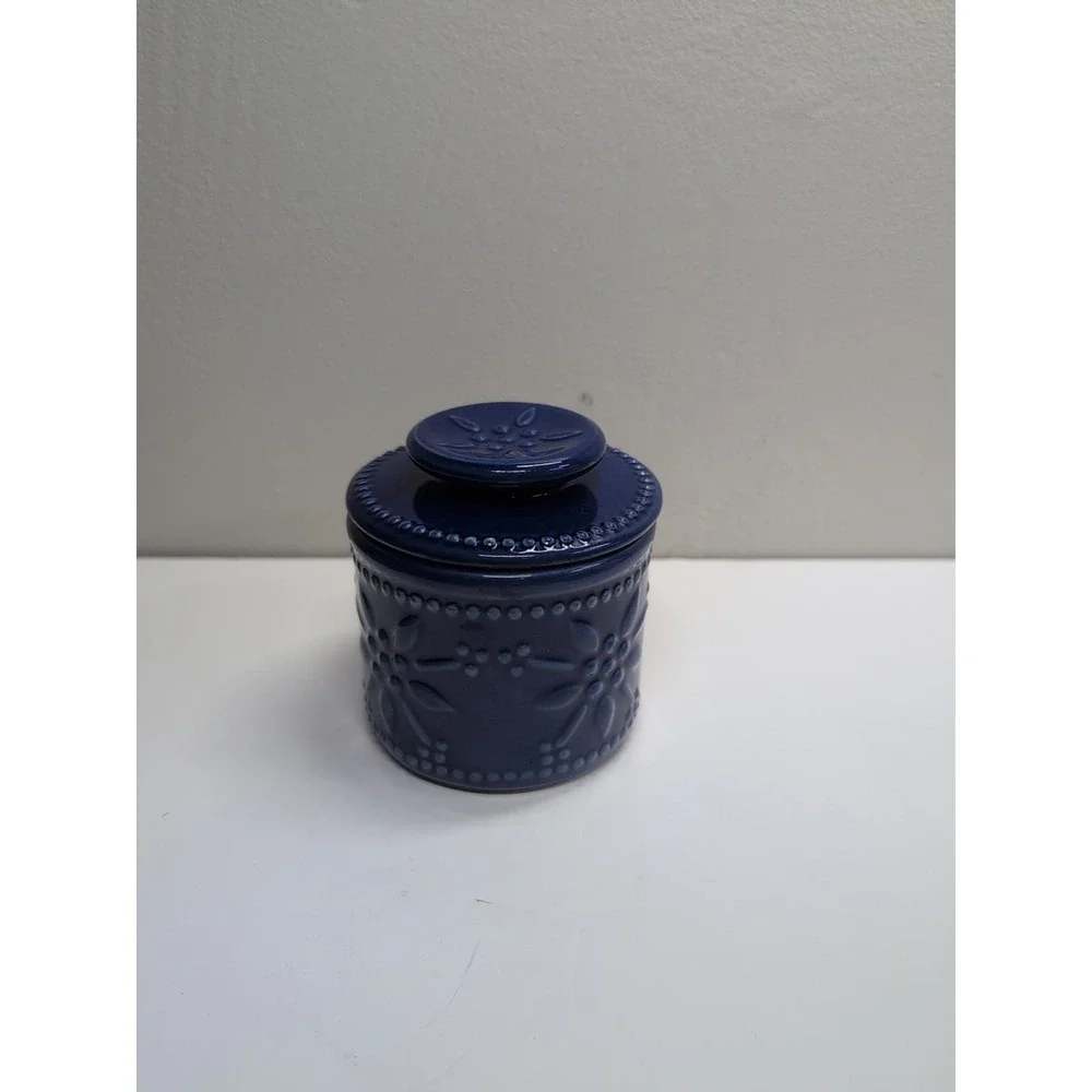 Temptations Old World Embossed Blue Butter Bell Crock with Lid